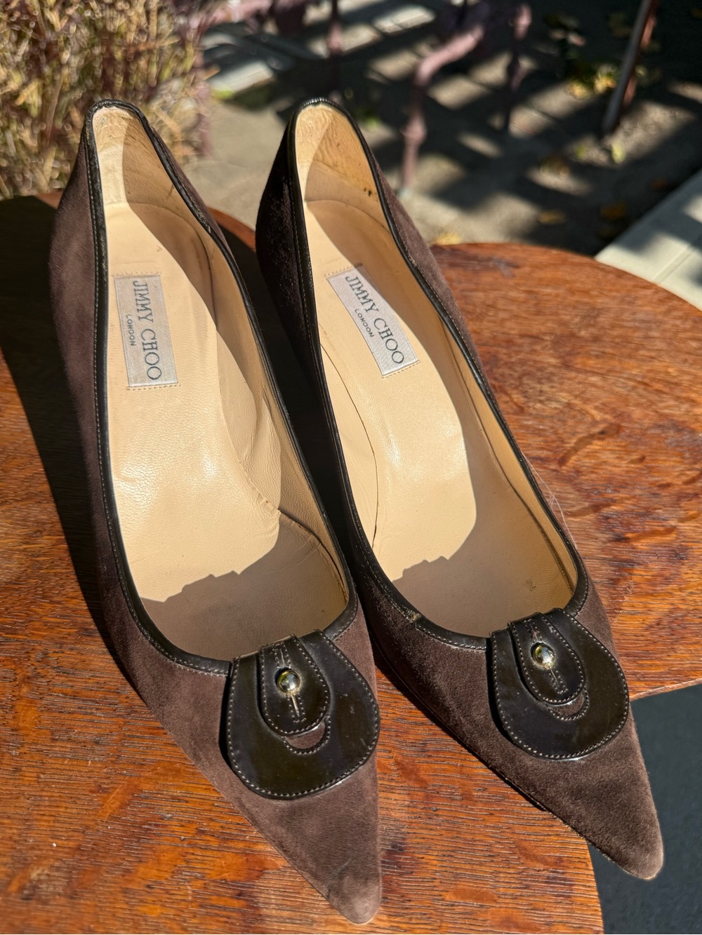 Jimmy Choo Dark Brown Suede Pointed Toe Pumps with Leather Trim